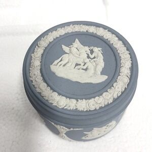 Wedgwood Jasperware Round Trinket Box Blue White Neoclassical Stoneware Lidded